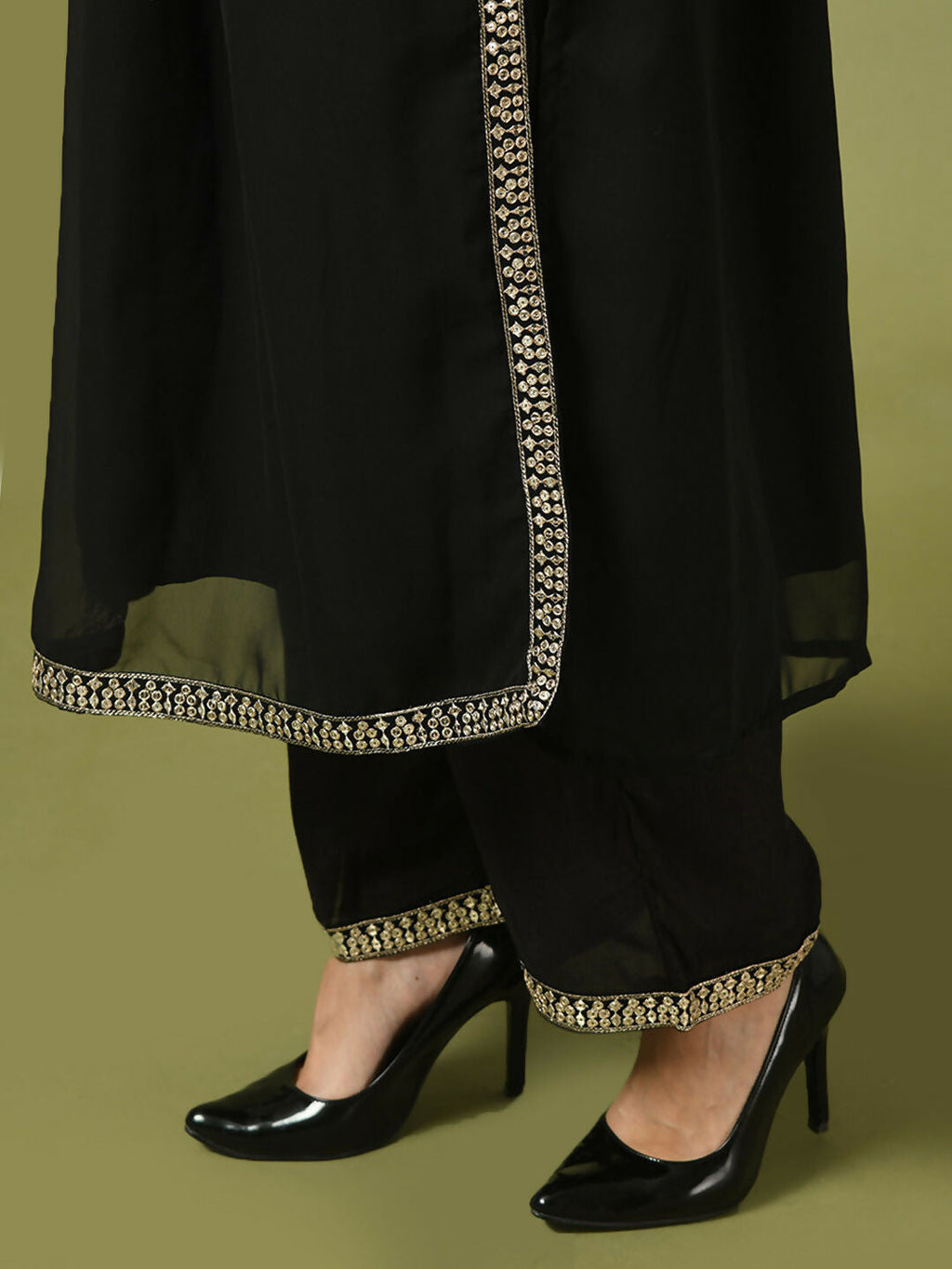 Myshka Women's Black Embroidered Georgette Anarkali Party Kurta Set