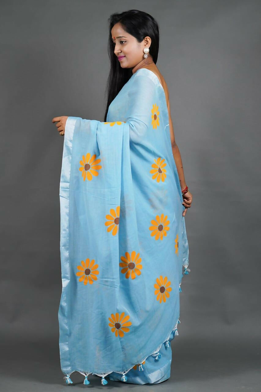 Exclusive Collection Sky Pure Cotton Saree With Sunflower Design - Distacart