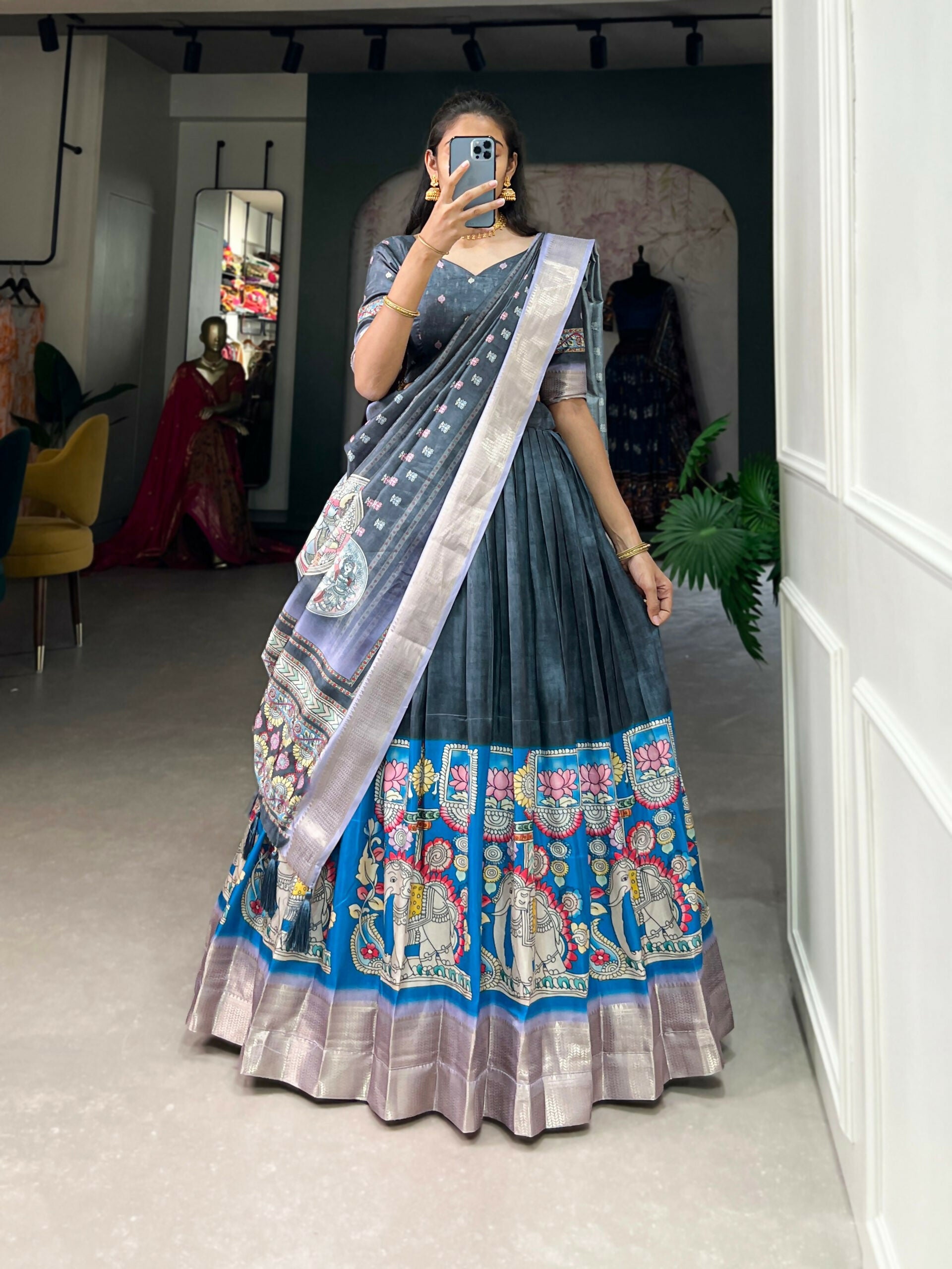 Vastranavya Kalamkari Print With Weaving Border Lehenga with Unstitched Blouse - Sae Green
