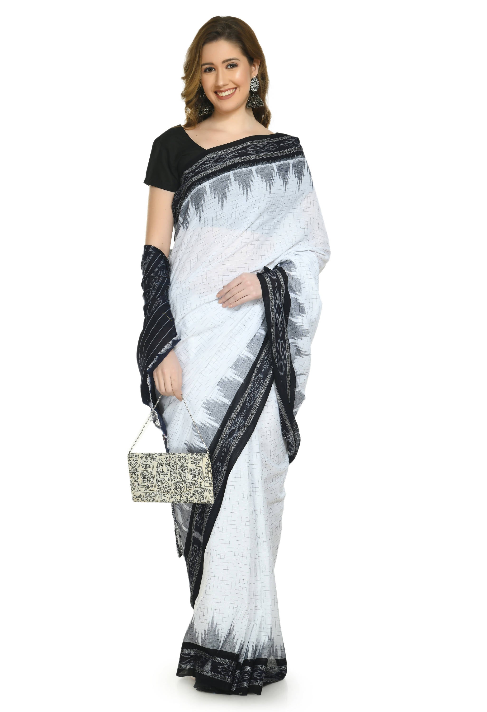 Vamika Sambalpuri Ikat Cotton Jharana White & Black Saree - Distacart