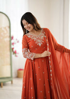 Teeya Creation Orange Color Faux georgette Embroidery Work Wedding Wear Gown - Distacart
