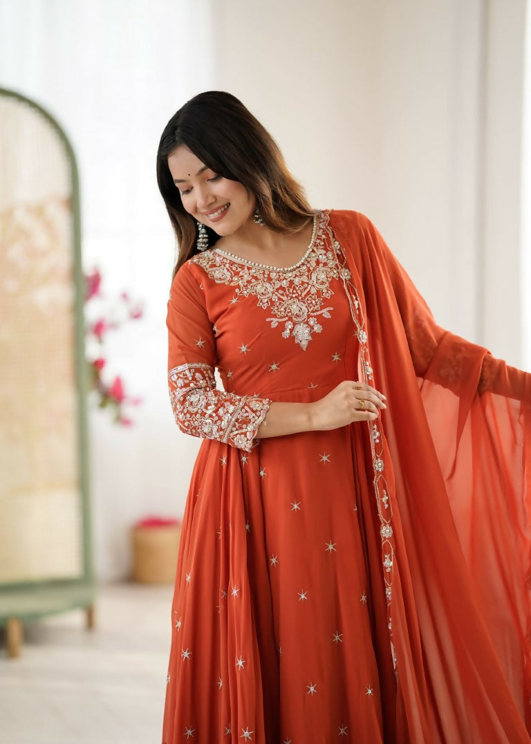Teeya Creation Orange Color Faux georgette Embroidery Work Wedding Wear Gown - Distacart