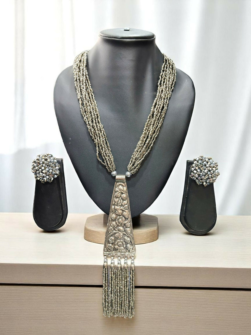 Inhanns Day-To-Dinner Tie Shaped Oxidized Black Metal Multi-Layered Long Necklace Set - Gray