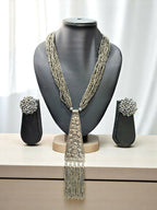 Inhanns Day-To-Dinner Tie Shaped Oxidized Black Metal Multi-Layered Long Necklace Set - Gray