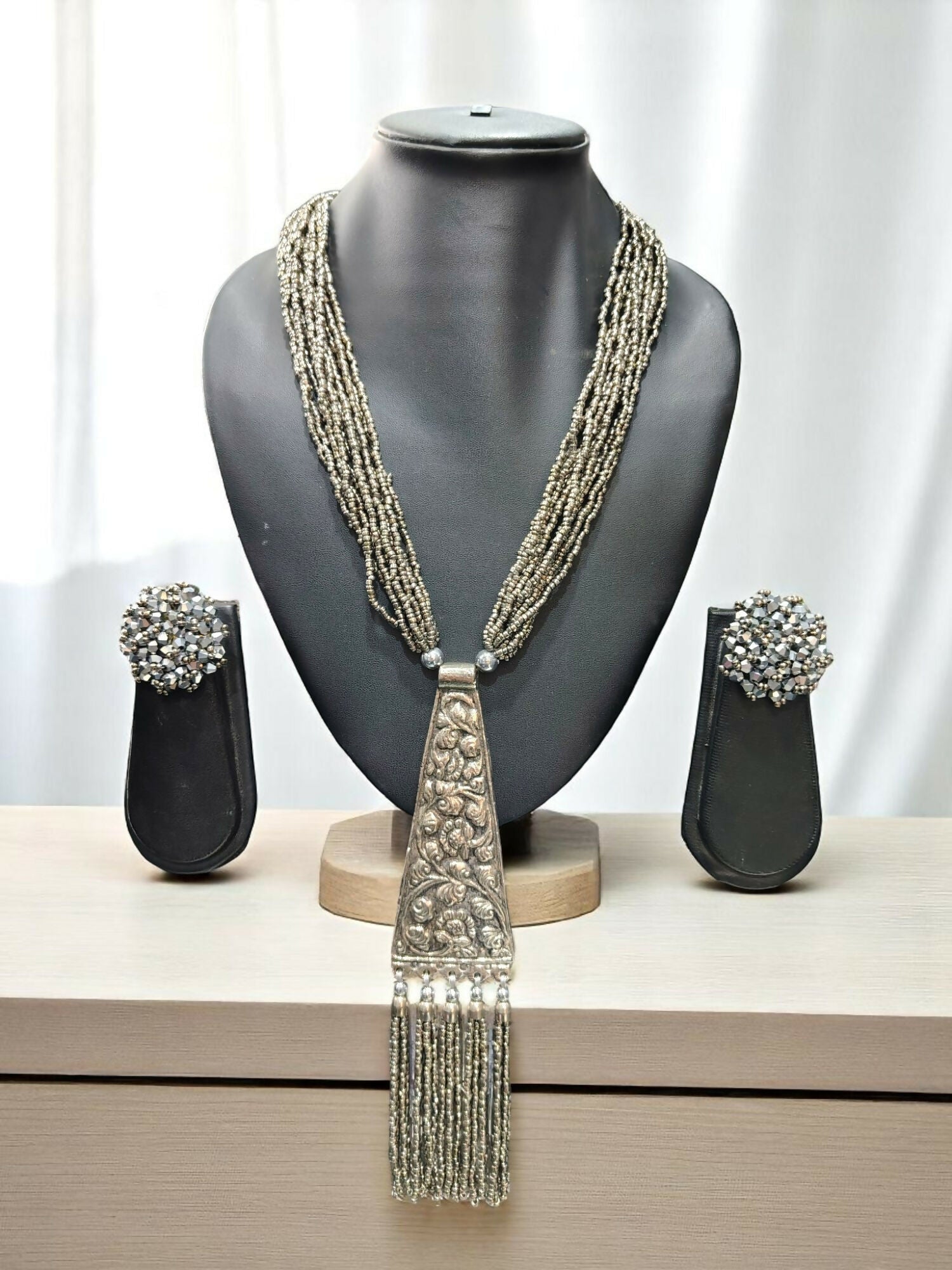 Inhanns Day-To-Dinner Tie Shaped Oxidized Black Metal Multi-Layered Long Necklace Set - Gray