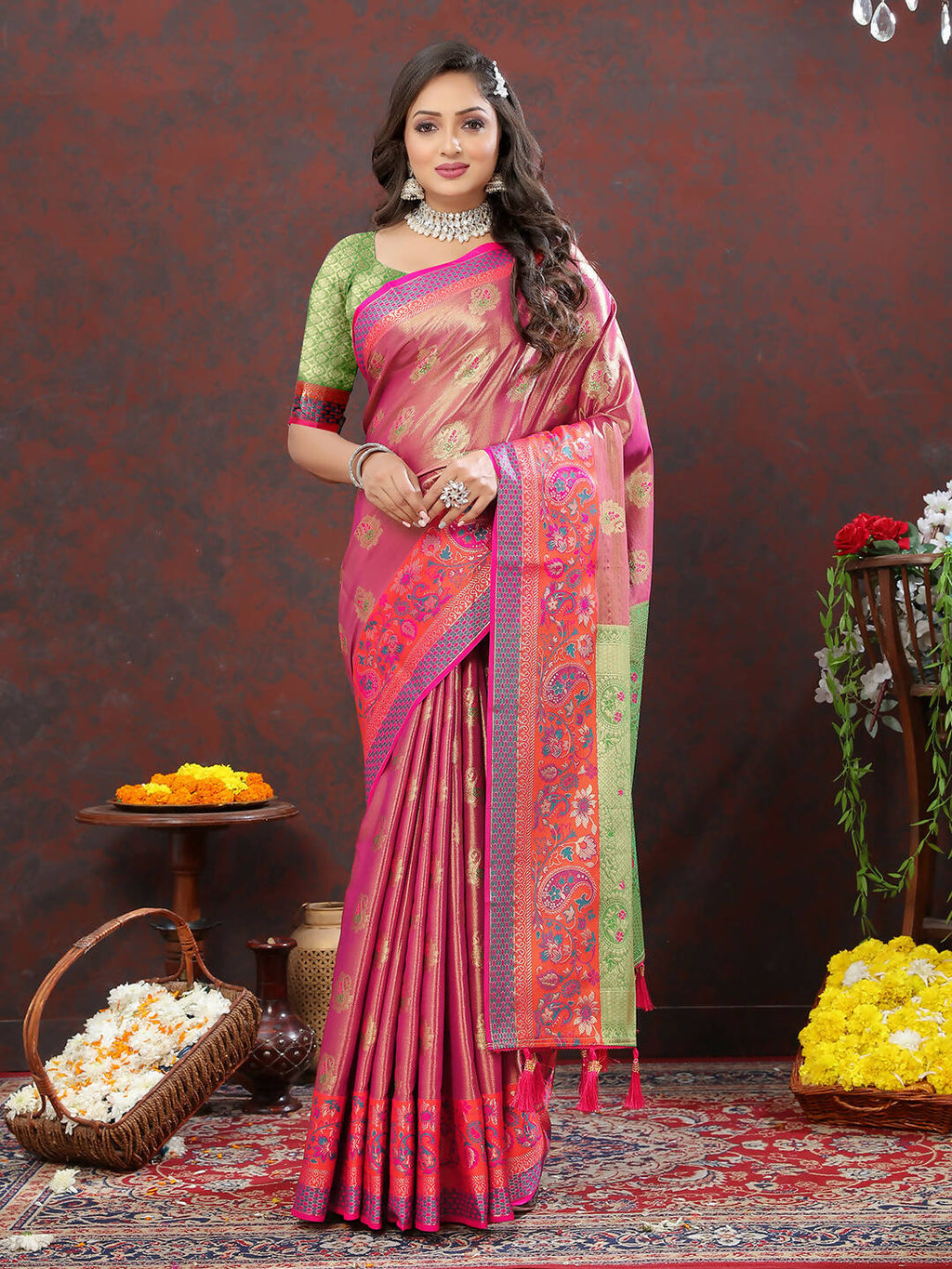 Lorenvalley Fashion Magenta Kanjivaram Silk Woven Design with Zari Weaving Saree