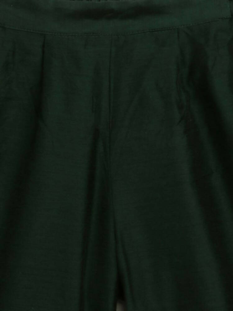 Ahalyaa Dark Green Chanderi Solid Kids Kurta Palazzo Set With Dupatta For Girls