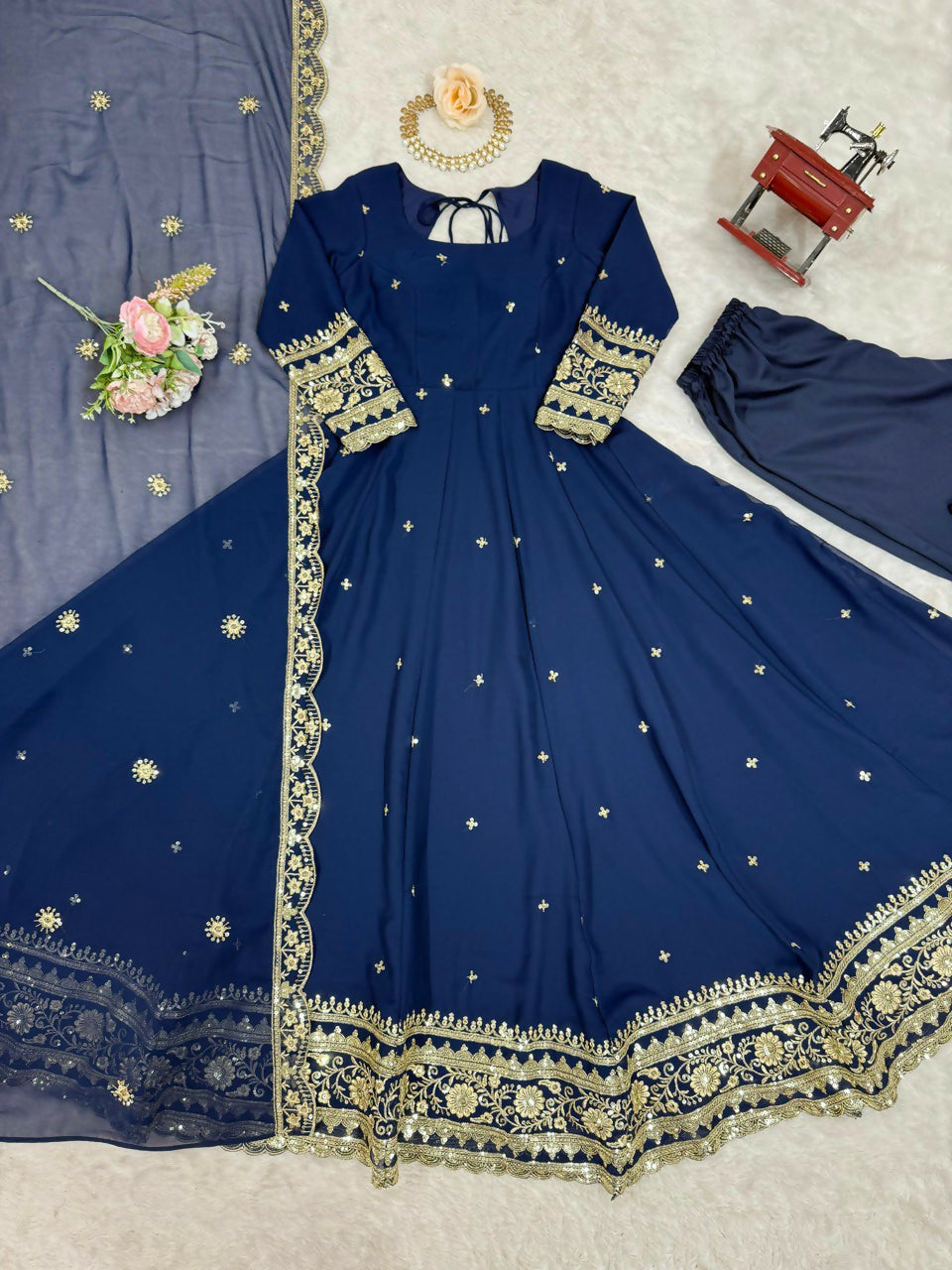 The52 Women's Beautiful Faux Georgette Fabric Embroidery Work Flared Anarkali Pant and Dupatta Set - Distacart