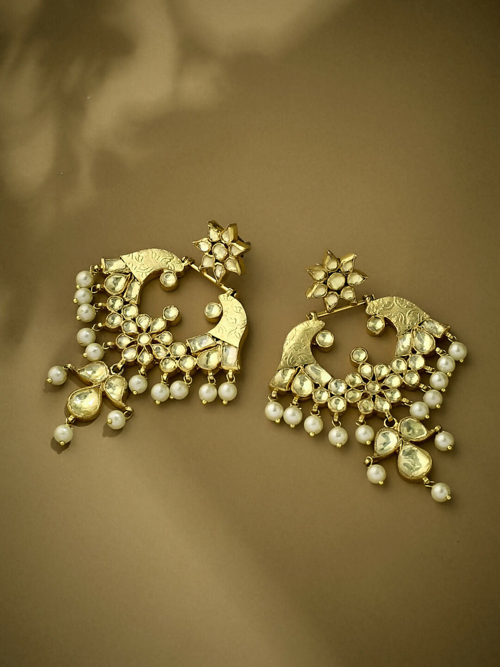 Nuyug 22K Gold-Plated Kundan and Pearl Earrings with Floral Stud and Intricate Crescent Design Chandbalis - Distacart