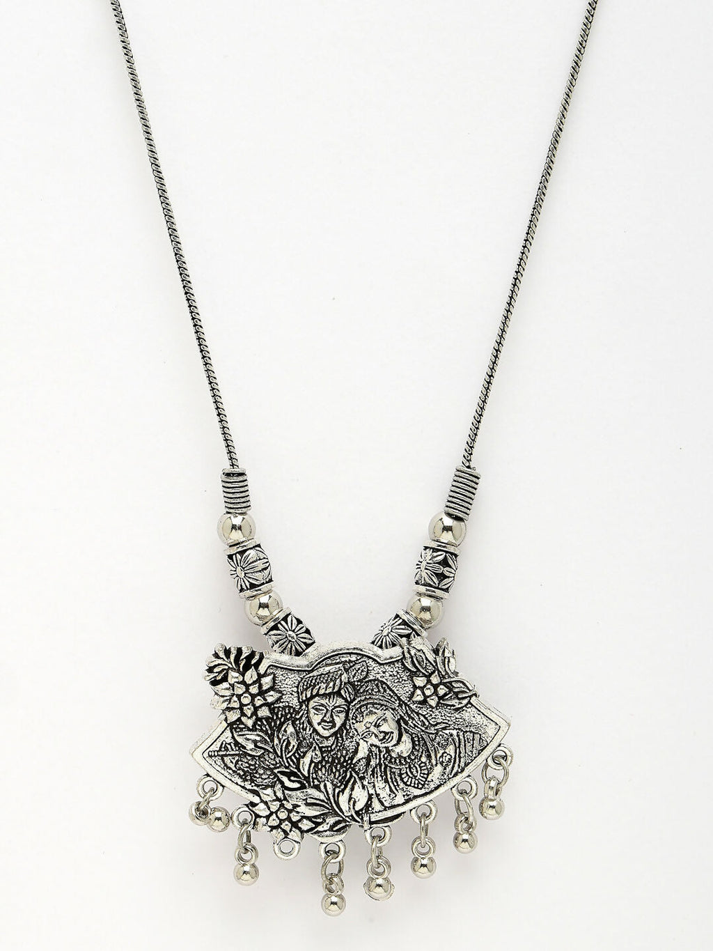 NVR Women's Silver-Toned Radha Krishna Pendant with Chain