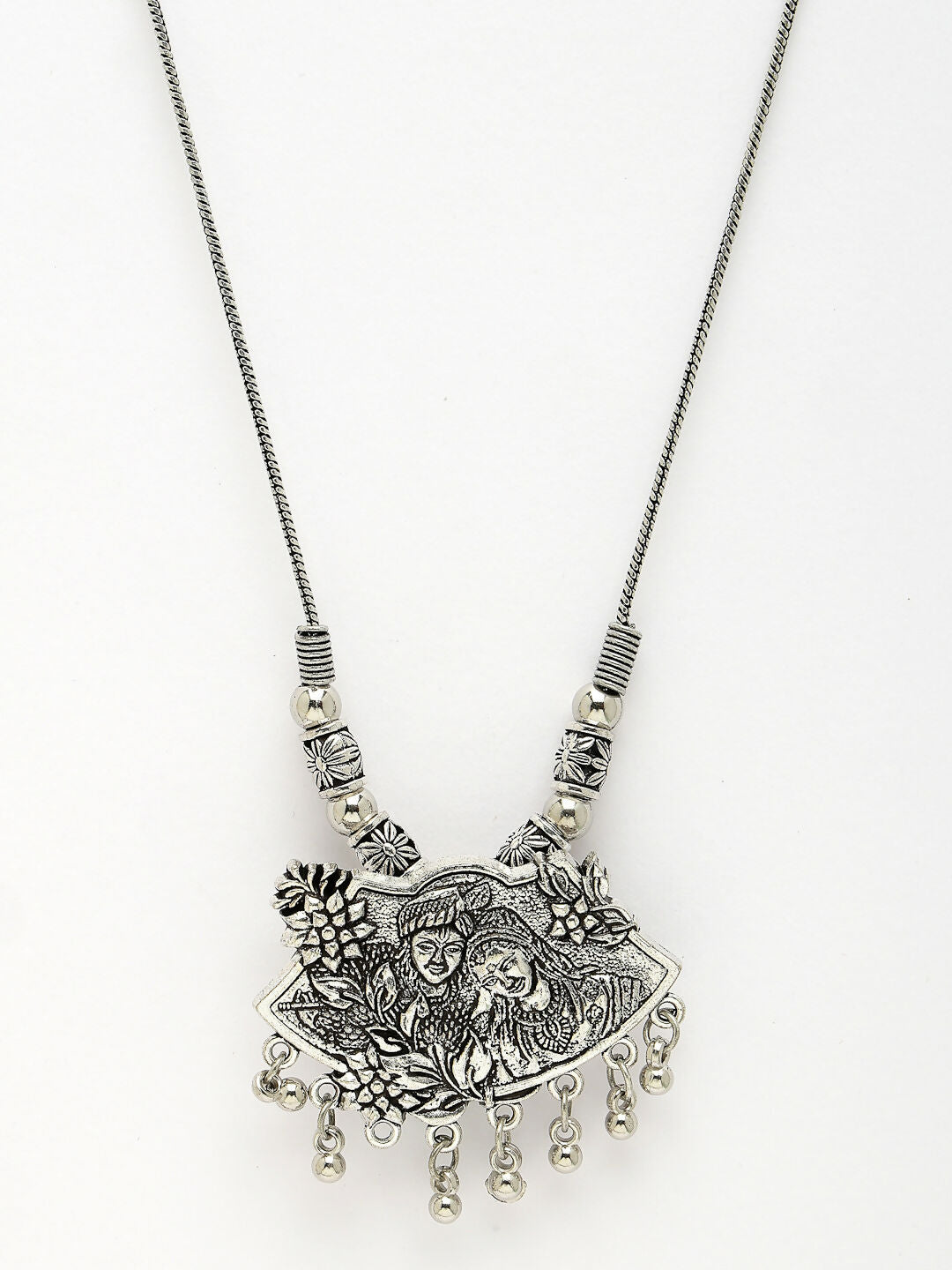 NVR Women's Silver-Toned Radha Krishna Pendant with Chain