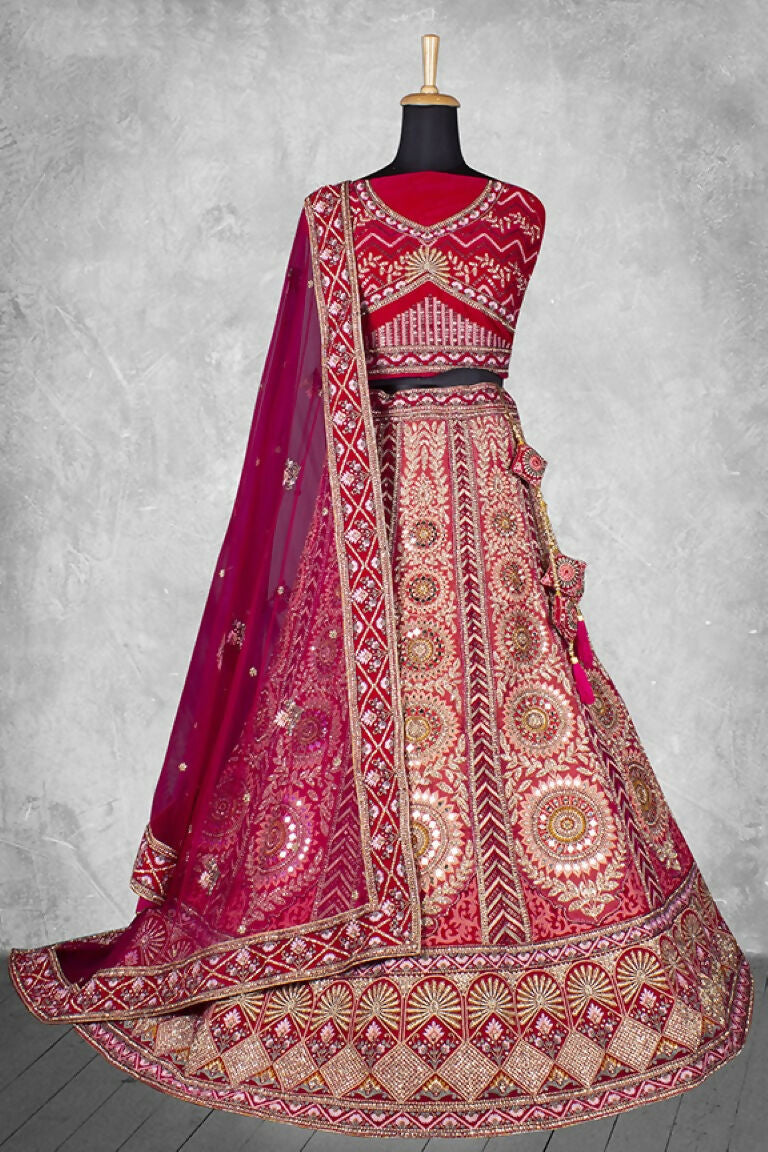 Red Velvet Pure Mirror Work Semi Stitched Lehenga Choli with Dupatta - Nimaya Lagnotsav