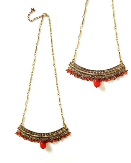 Bling Accessories Antique Brass Finish Metal Carnelian Agate Semi Precious Stone Pendant Necklace