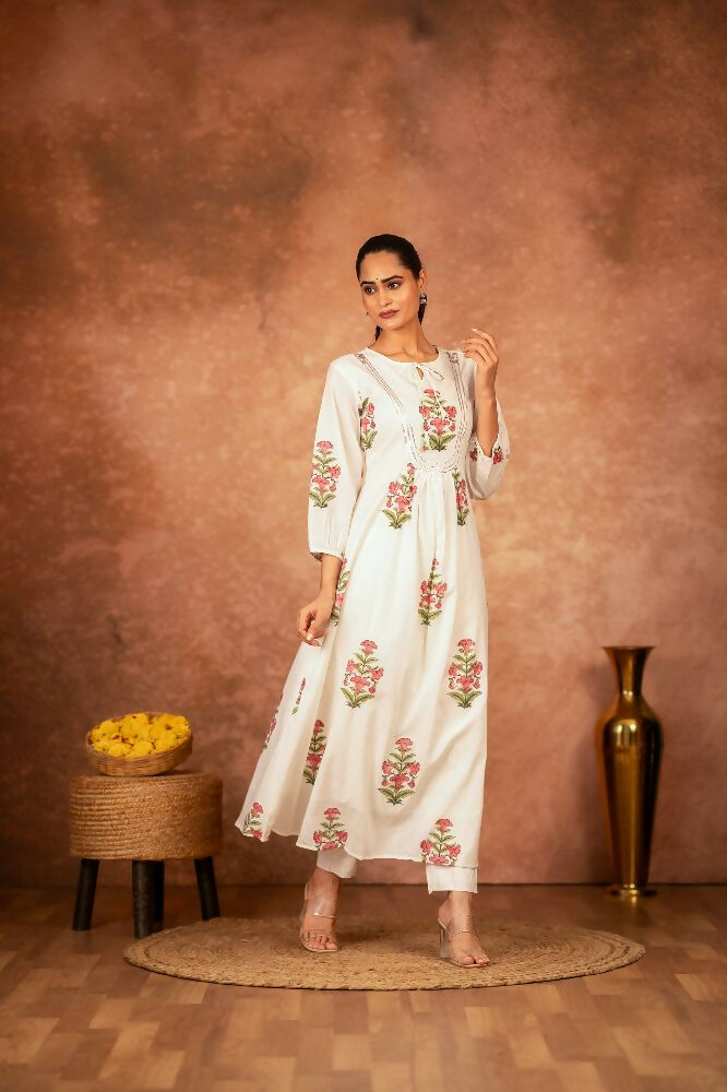 Joban Fashion Off White Pink Floral Hand Block Printed Cotton Kurta Pant Set - Distacart