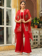 Janasya Maroon Georgette Solid Top Bottom Cape