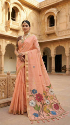Vastranavya Peach Muga Cotton Meenakari & Azarakh Pallu Saree with Contrast Blouse - Distacart