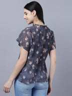 Myshka Women Charcoal Grey Peach-Coloured Floral Print Tie-Up Neck Georgette Top - Distacart