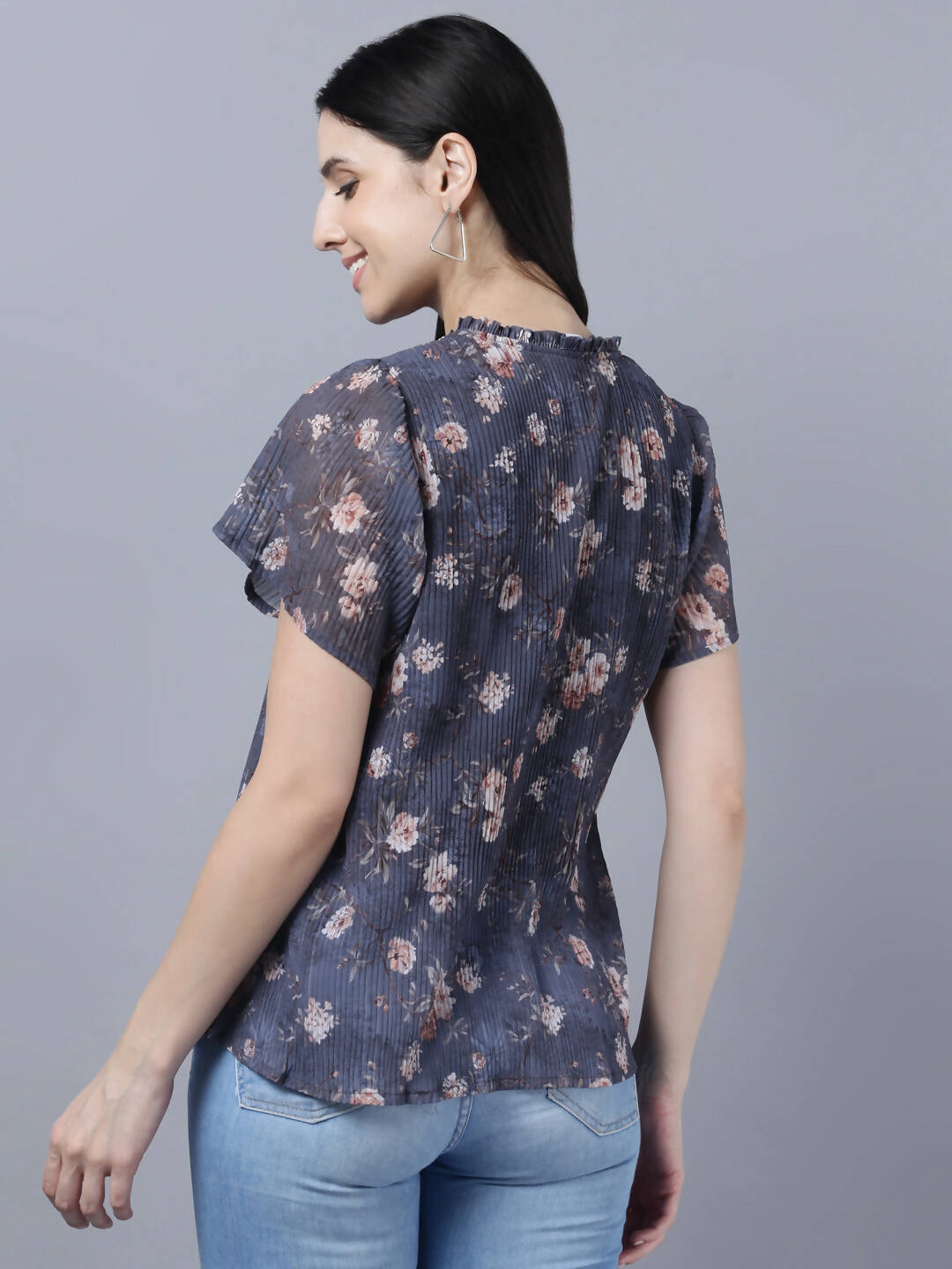 Myshka Women Charcoal Grey Peach-Coloured Floral Print Tie-Up Neck Georgette Top - Distacart