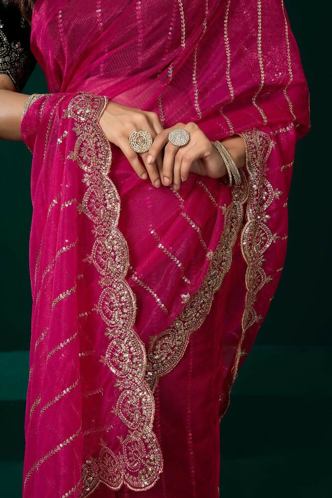 Joban Fashion Rani Pink Net Party Wear Sarees - Distacart