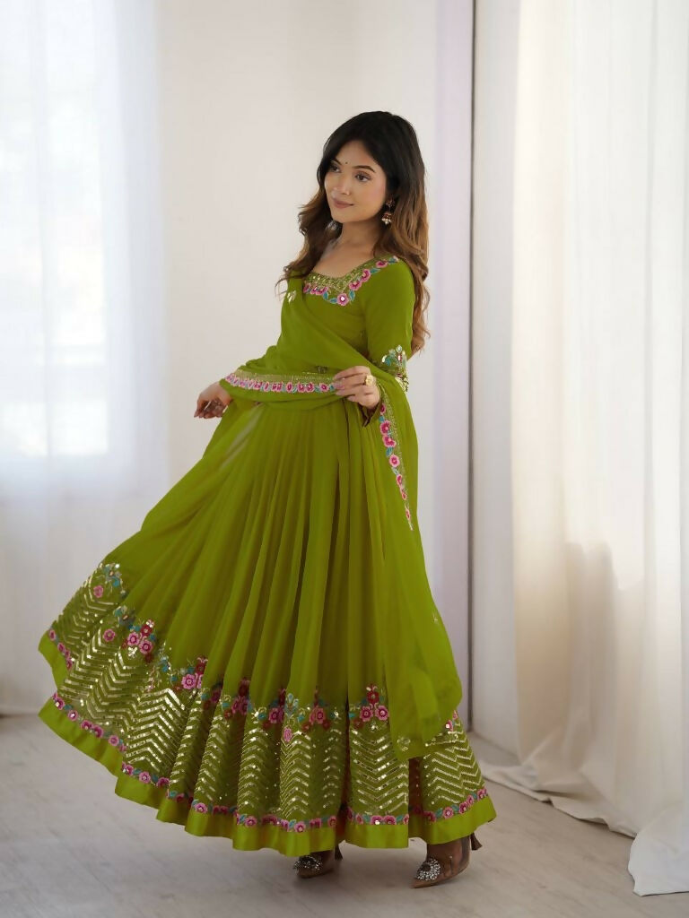 Teeya Creation Green Color Heavy Georgette Wedding Wear Embroidery Work Long Gown - Distacart