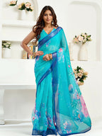 Joban Fashion Turquoise  Floral Linen Ready To Wear Saree With Unstitched Blouse - Distacart