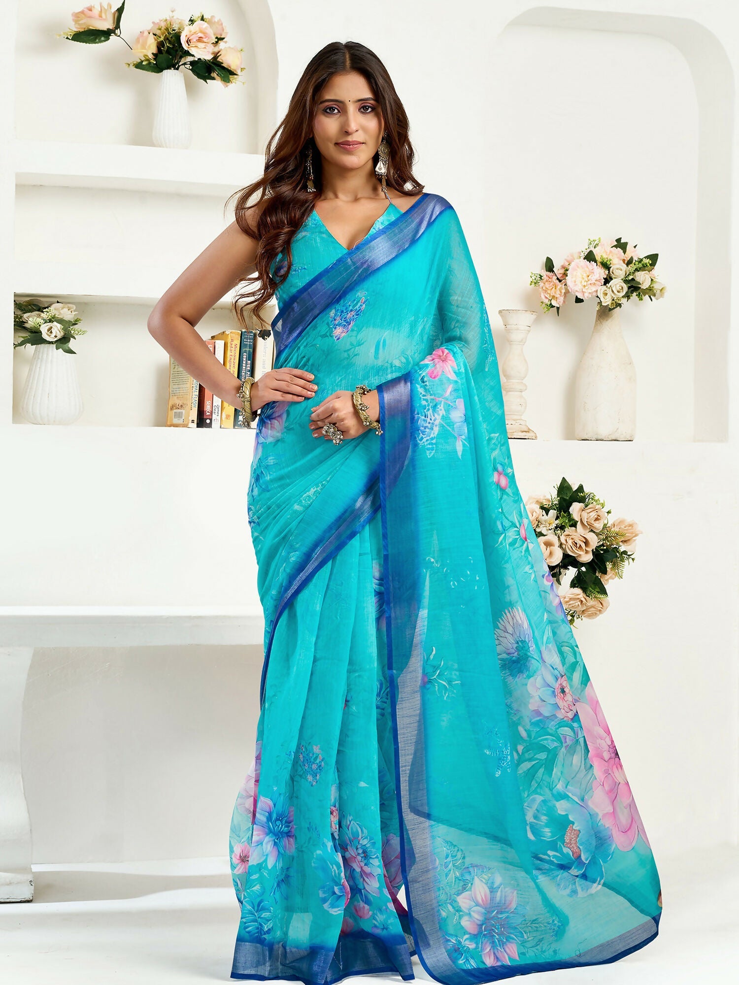 Joban Fashion Turquoise  Floral Linen Ready To Wear Saree With Unstitched Blouse - Distacart