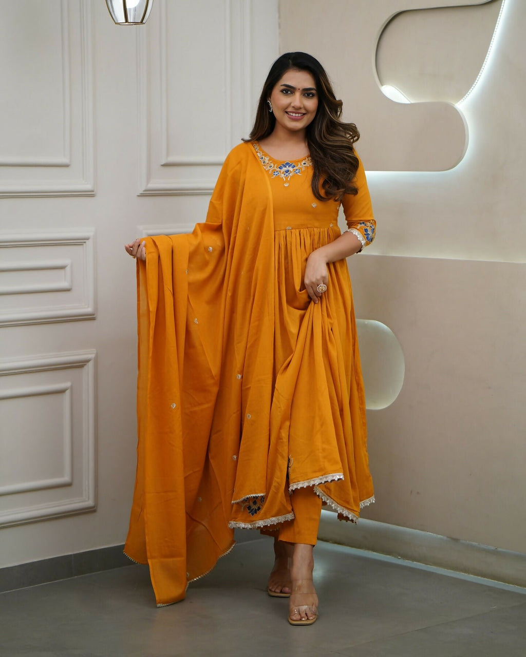 The52 Orange Women's Gorgeous Viscose Fabric Embroidered Work Flared Kurta Pant and Dupatta Set - Distacart