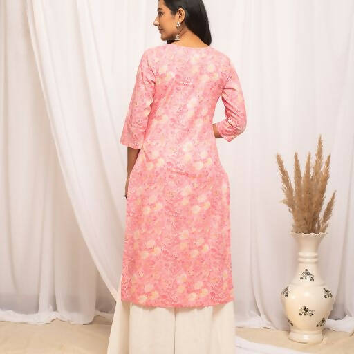 FIORRA Women's Floral Printed Peach Cotton Straight Kurta