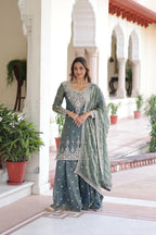 Joban Fashion Grey Readymade Kurta Set With Sequence embroidery Work - Distacart
