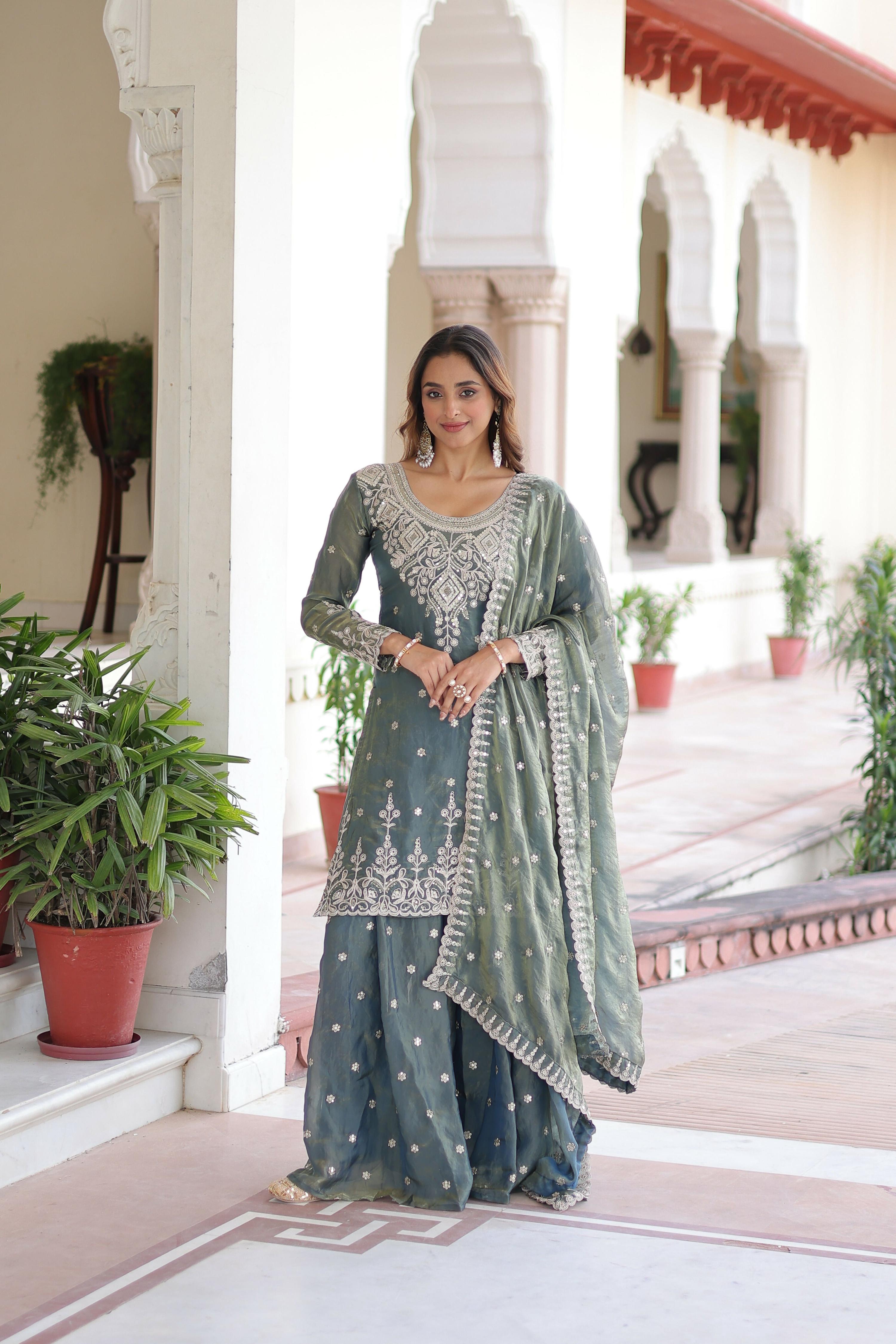 Joban Fashion Grey Readymade Kurta Set With Sequence embroidery Work - Distacart
