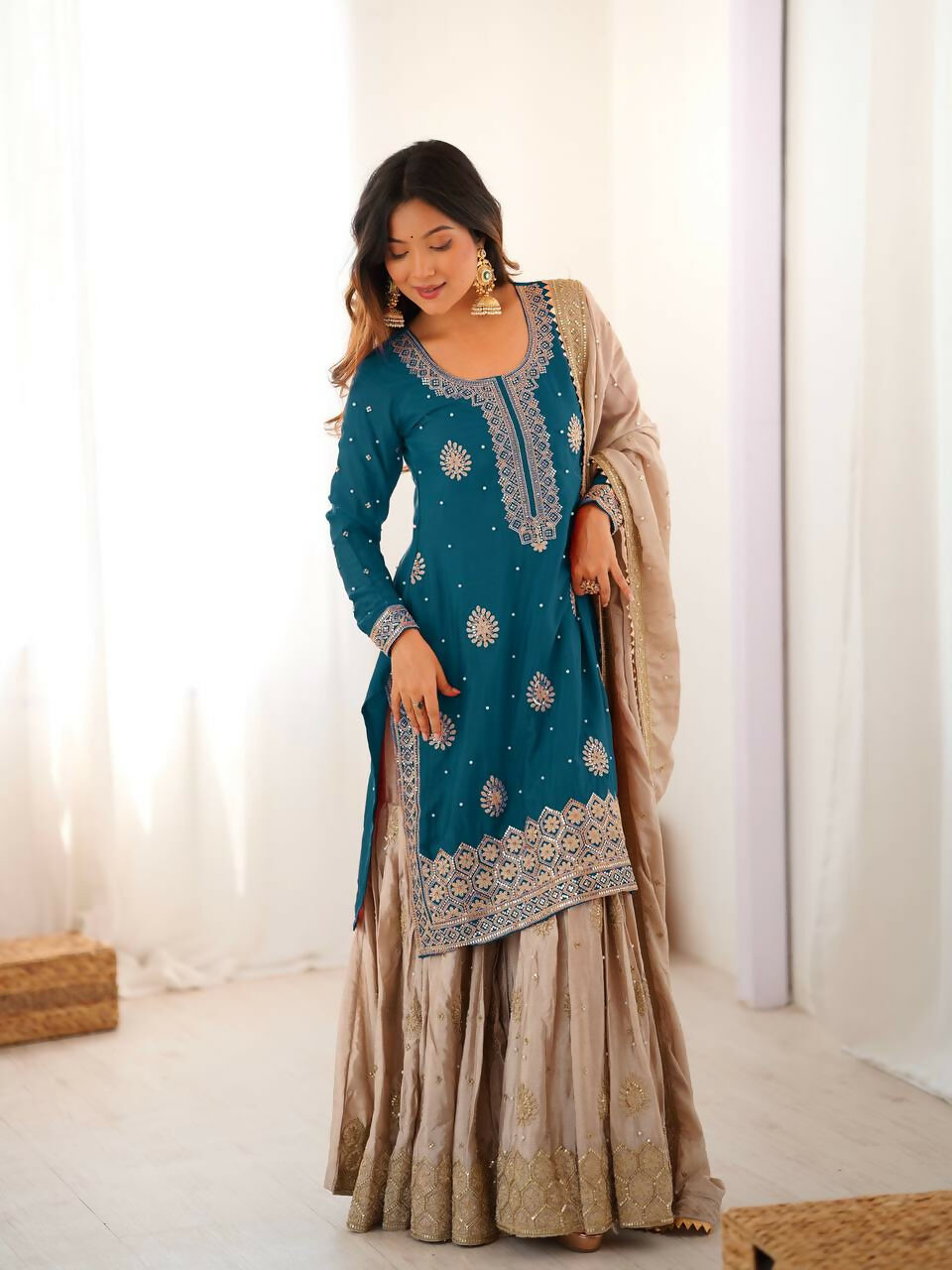 Lehenga Mart Designer Sharara Suit With Kurta, Sharara, Dupatta For Women-Teal Blue - Distacart