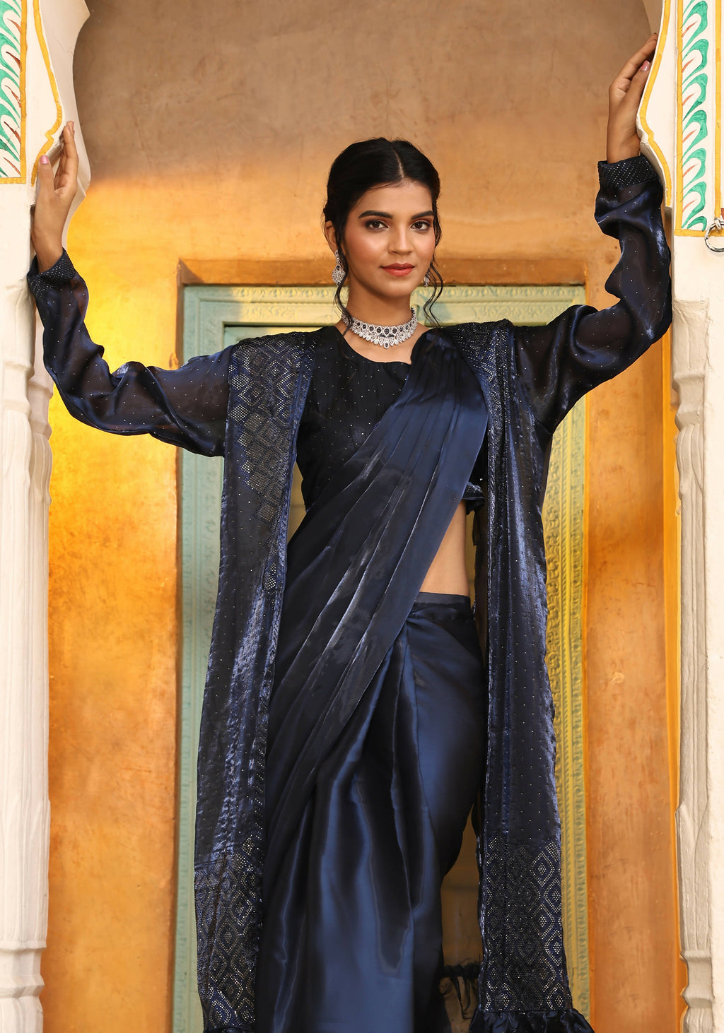 Navy Blue Tom Silk Plain Ready To Wear Saree With Stitched Blouse - Satiksha