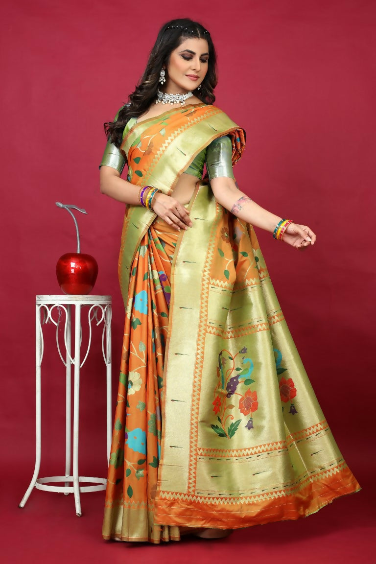 Jyoti Fashion Women's Orange Paithani Silk Zari Woven Saree with Blouse