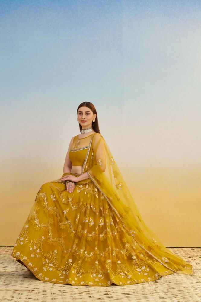 Aastha Fashion Mustard Yellow Butterfly Net Tone To Tone Cotton Thread Work And Sequence Work Embroidery Wedding Wear Lehenga Choli