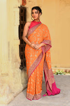 Joban Fashion Orange Crepe Chiffon Pure Handloom Banarasi Silk Saree