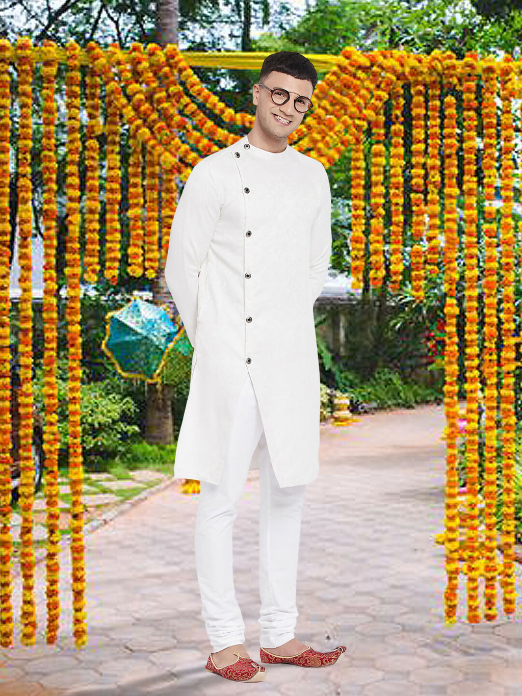 Even Apparels Men's Asymetrical White Sherwani Kurta