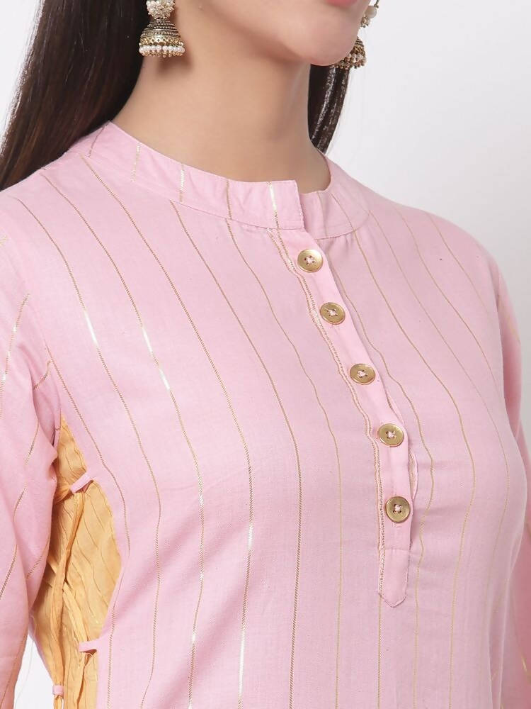 Myshka Women's Pink Solid 3/4 Sleeve Cotton Round Neck Dress