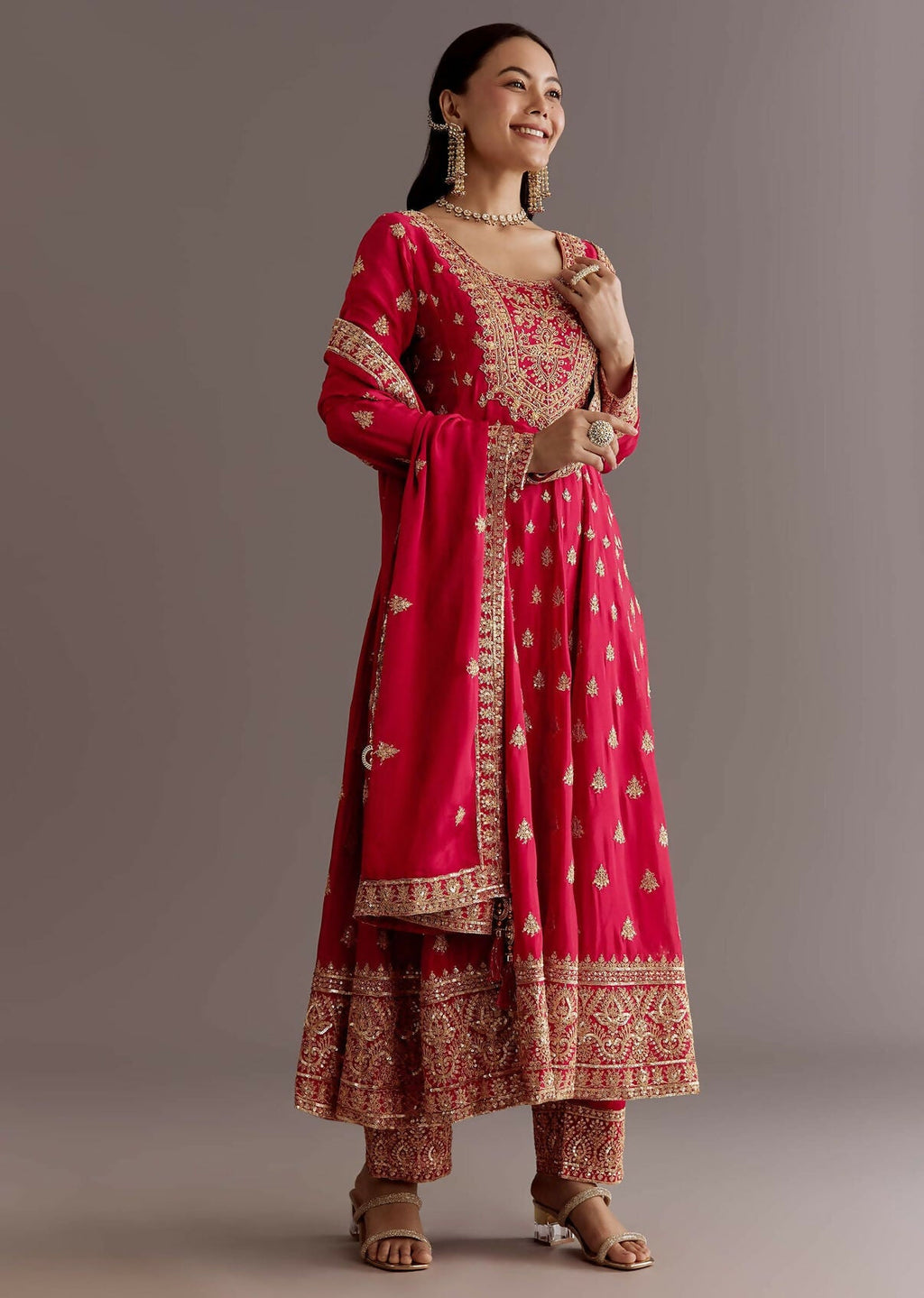 Teeya Creation Red Color Chinnon Silk Embroidery Work Gown - Distacart