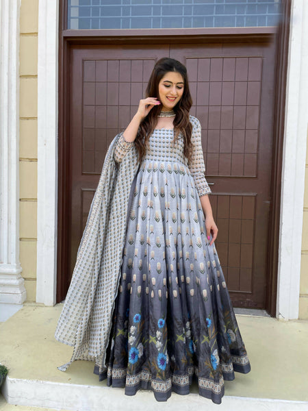Partywear Designer Gray Chanderi Suit - Anbazaar