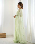 Attractive Looking Georgette Thread, Sequance Embroidery Work Party Wear Saree - Pista