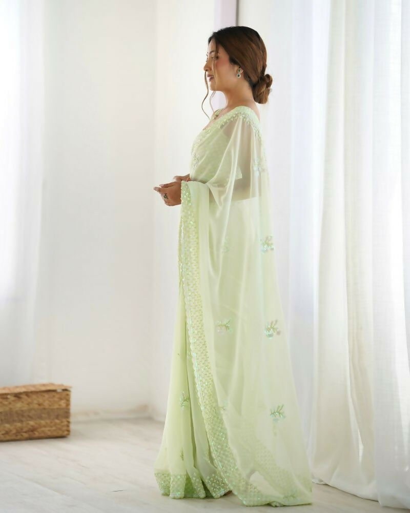 Attractive Looking Georgette Thread, Sequance Embroidery Work Party Wear Saree - Pista