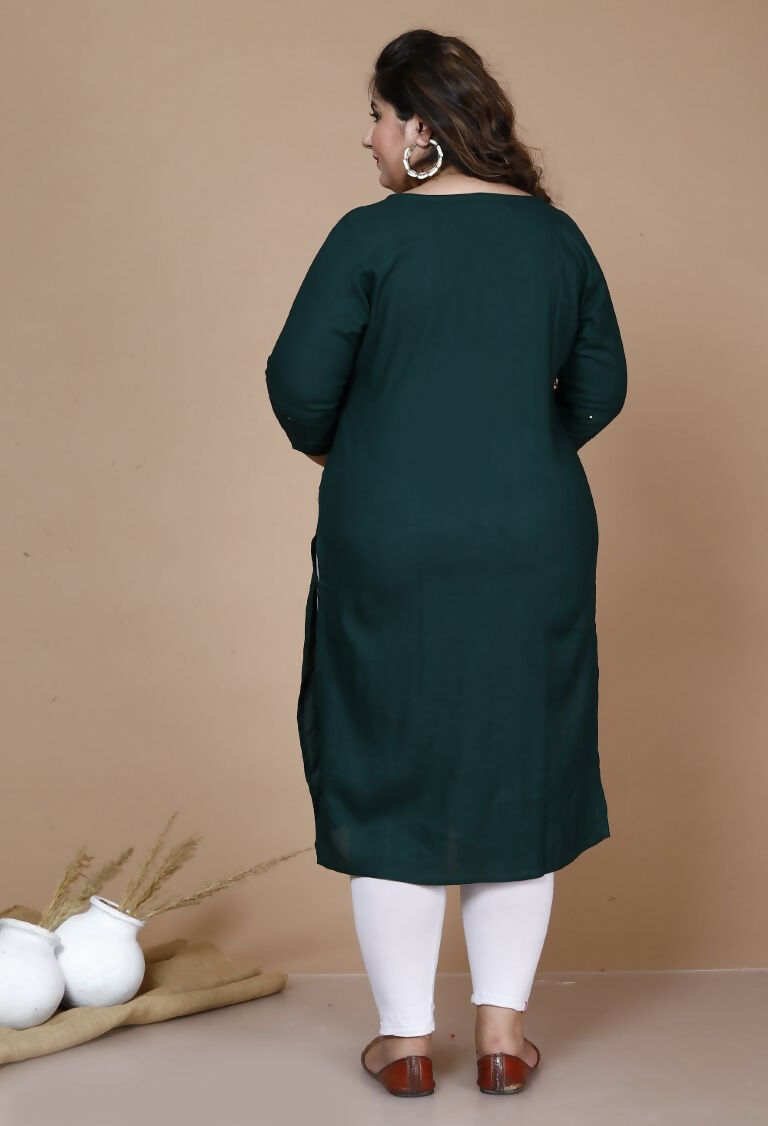 Miravan Women's Plus Size Green Embroidered Straight Kurti