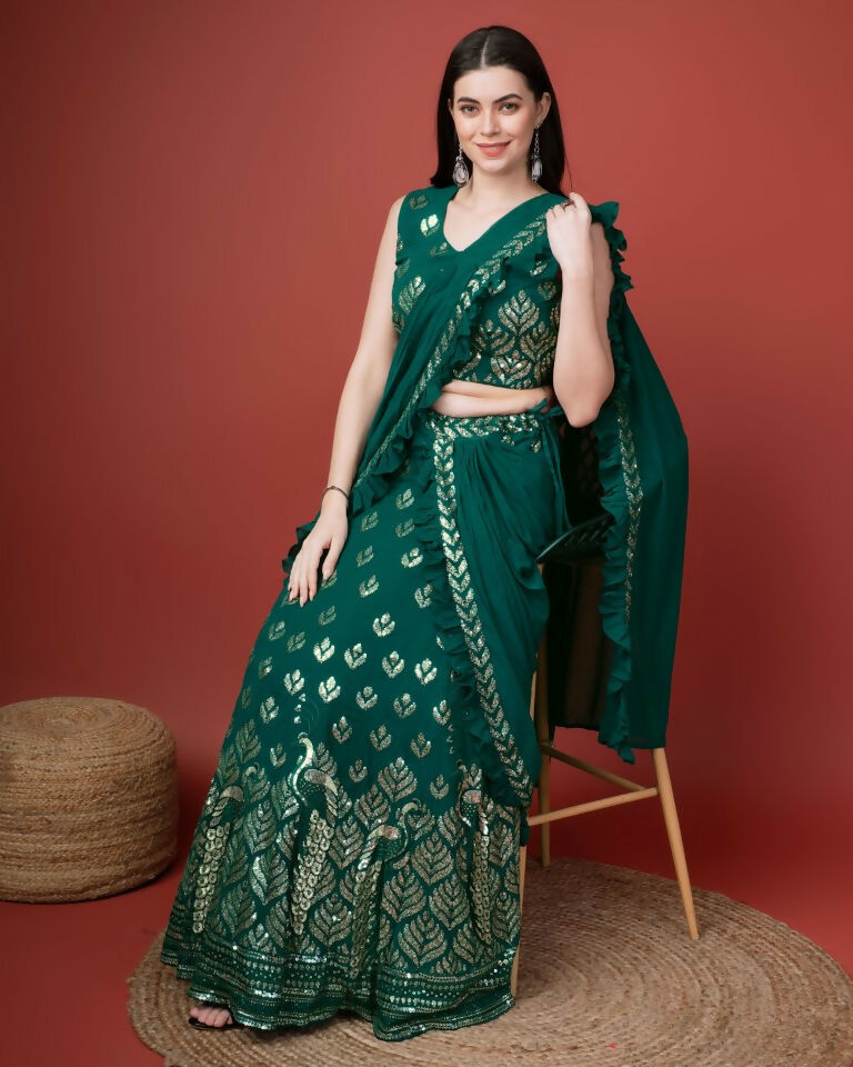Green Georgette Sequence Embroidered Lehenga Choli with Dupatta - Tanya
