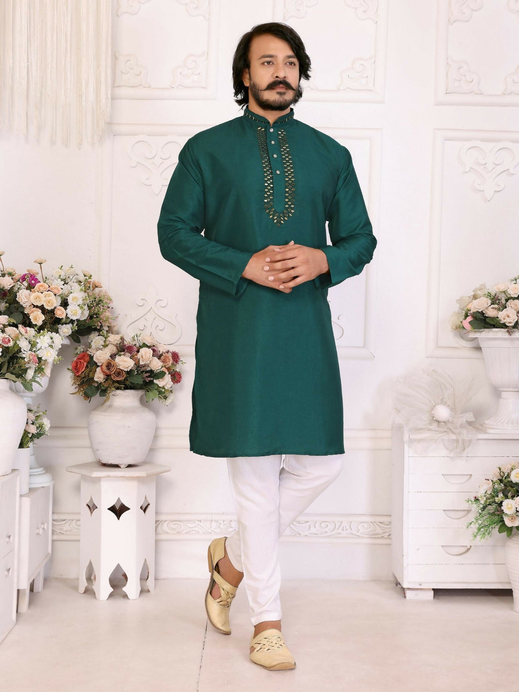 Anaita Green Silk Straight Kurta With Neck Mirror Work