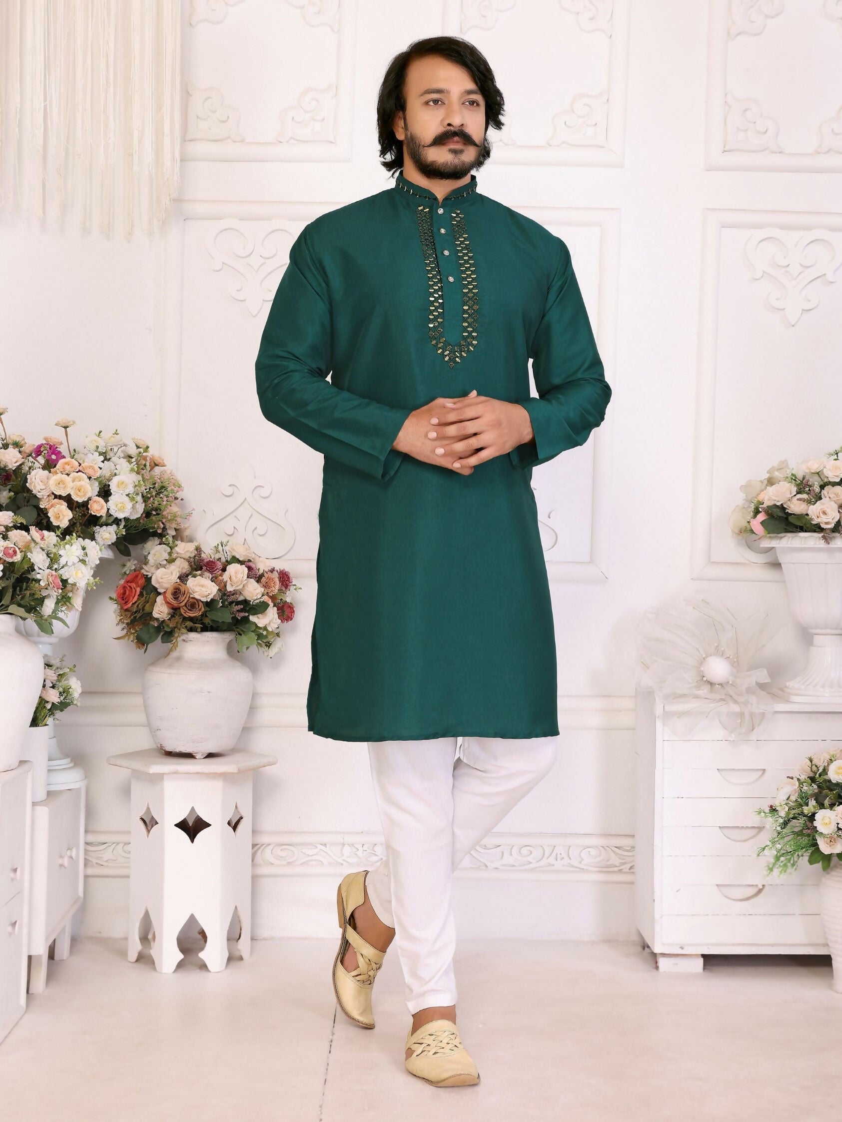 Anaita Green Silk Straight Kurta With Neck Mirror Work