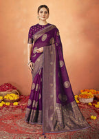 Purple Kanjivaram two tone Silk Woven Design Saree With Unstitched Blouse Piece - Norita Royal Pradha