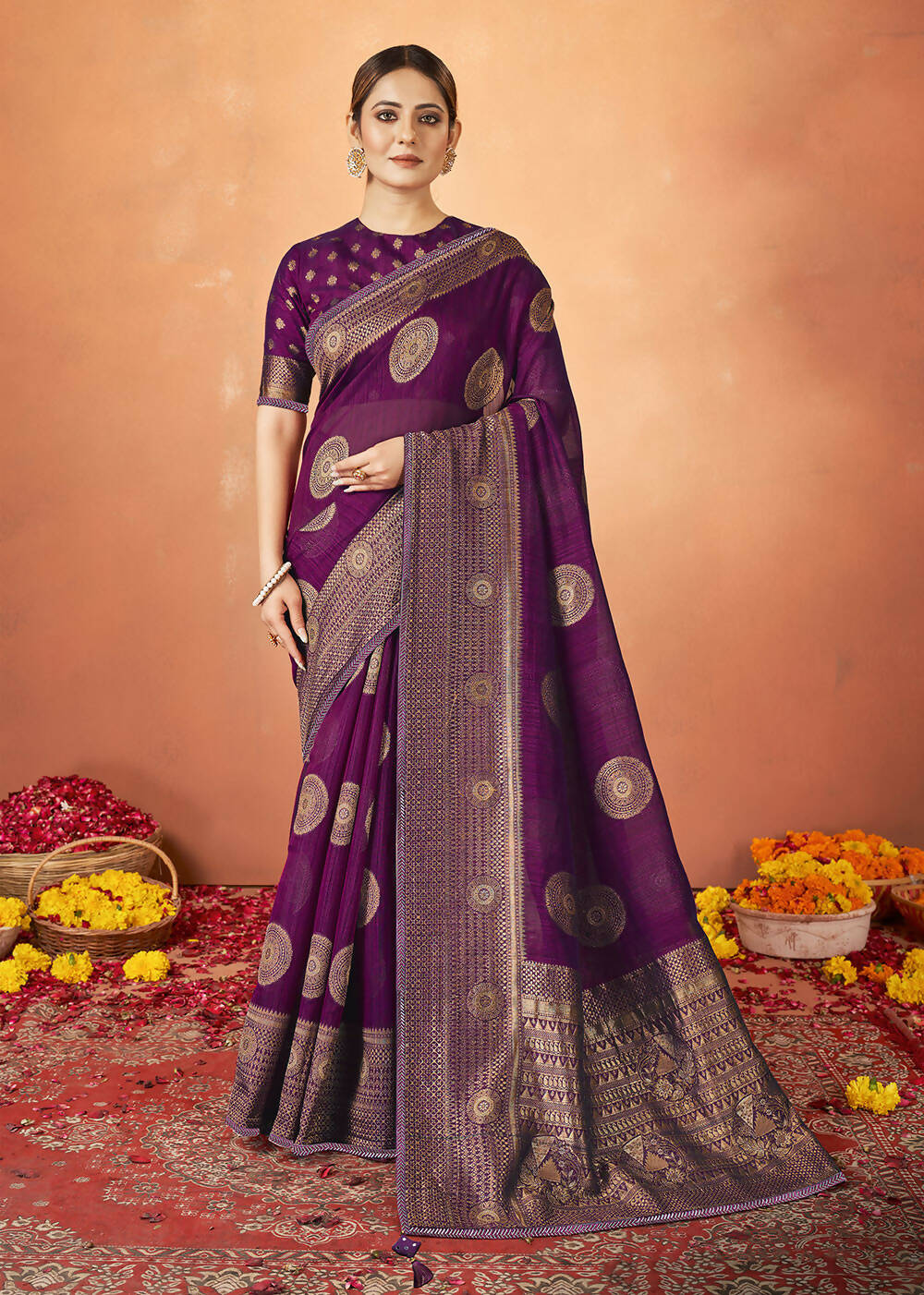 Purple Kanjivaram two tone Silk Woven Design Saree With Unstitched Blouse Piece - Norita Royal Pradha