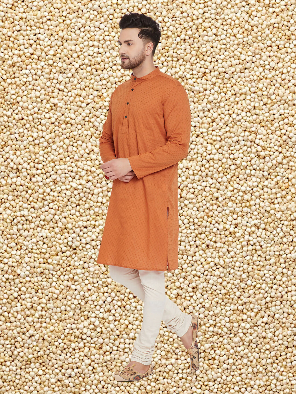 Even Apparels Men's Orange Emboided Cotton Kurta