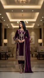 Teeya Creation Purple Color Velvet Fabric Designer Embroidery Work Suit - Distacart