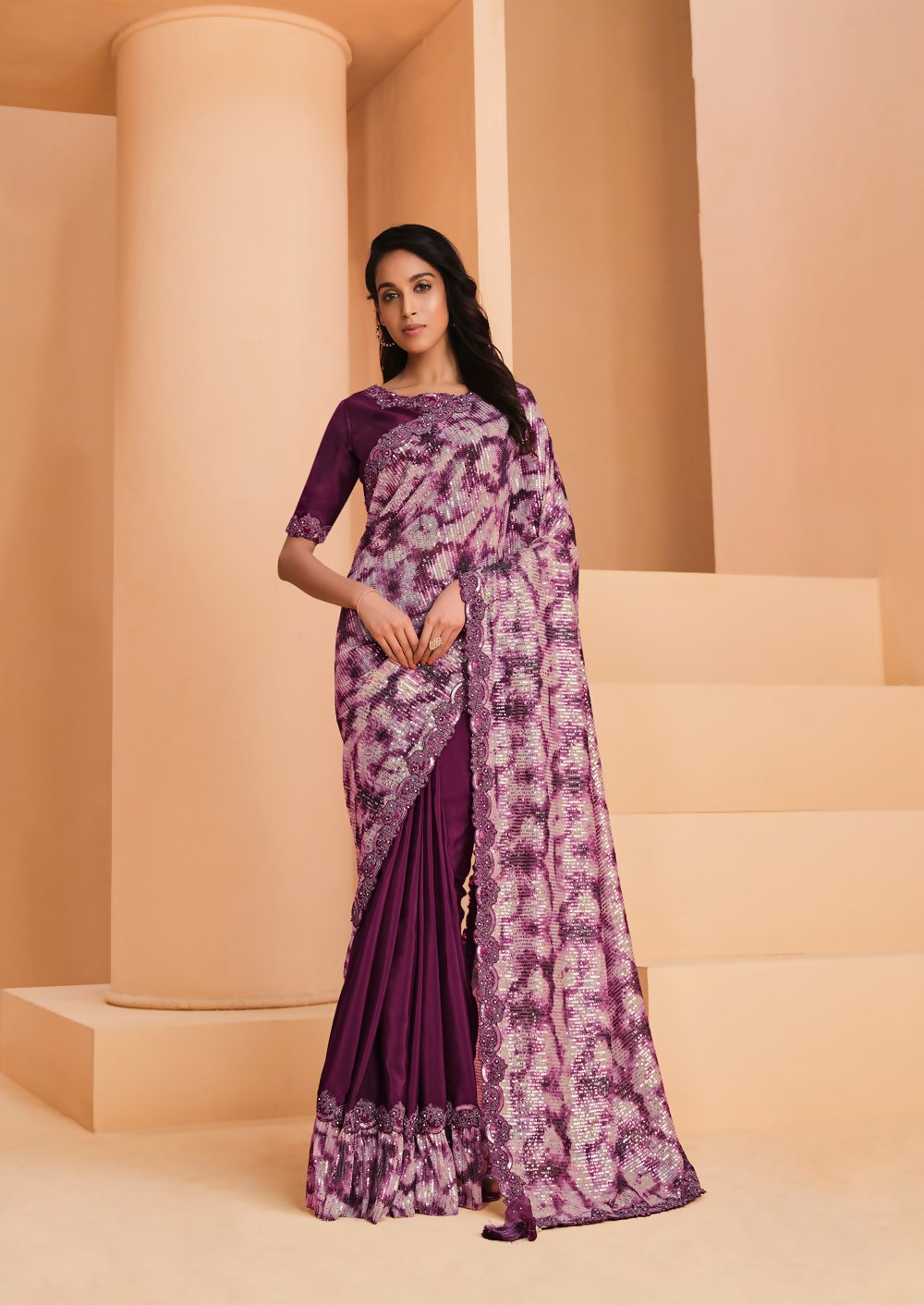 Wine Satin Crepe Silk Embroidery with Digital Sequence Work Saree - Norita Helly